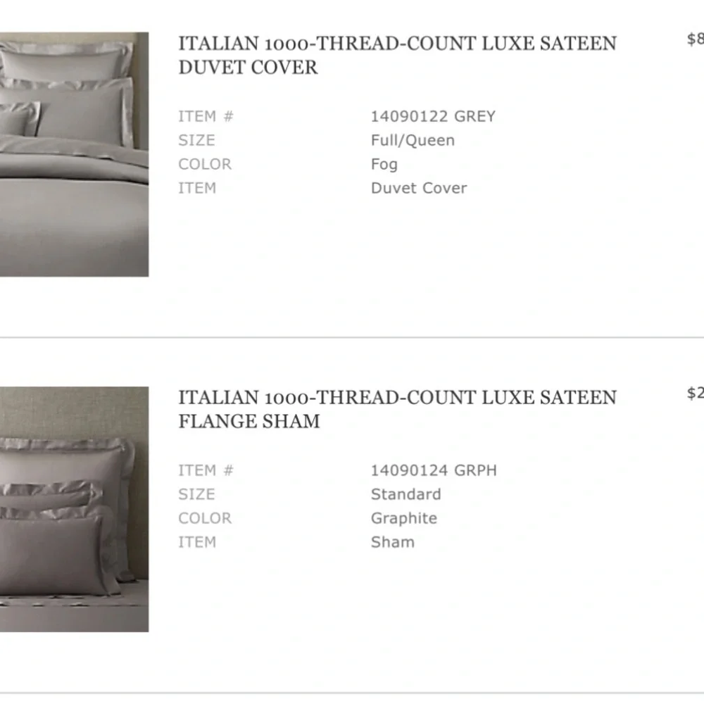 Restoration Hardware Italian 1000 Thread Count Luxe Sateen Duvet Set